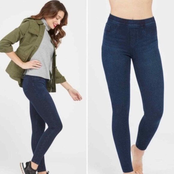 Spanx Women Size Large Tall Slim Fit Medium Dark Wash Jean-ish Ankle Pull on Leg - Picture 1 of 8